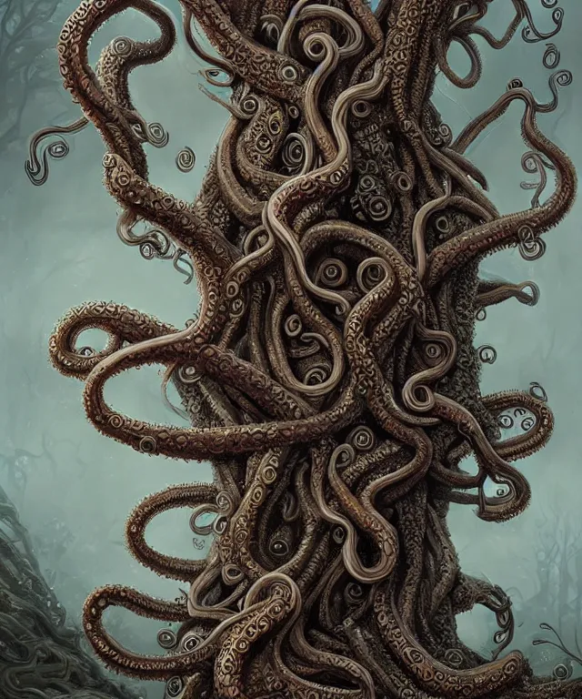 Image similar to a tree made of tentacles, fantasy, intricate, elegant, highly detailed, digital painting, artstation, concept art, matte, sharp focus, illustration, art by keith thompson and christopher lane