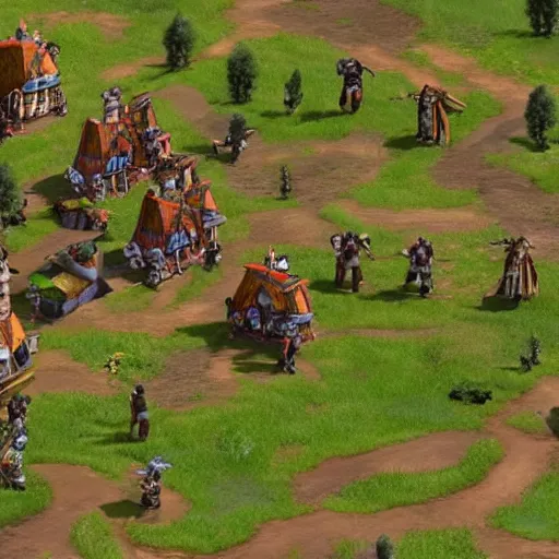 Image similar to a group of giant minions standing near a Town Center in the game Age of Empires