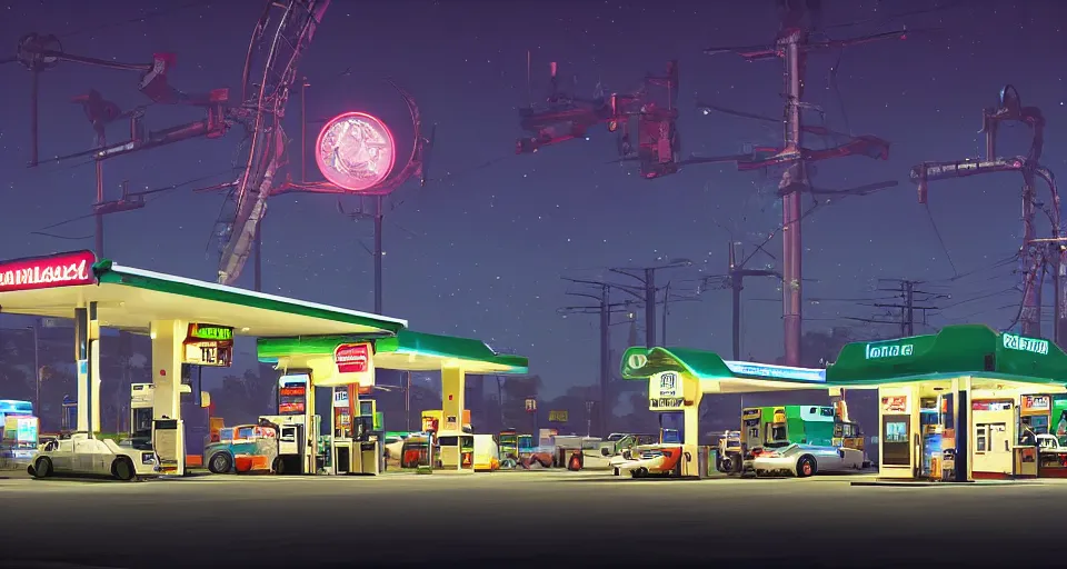 Prompt: a quaint suburban gas station at night. a colossal science fiction mech looms in the distance, realistic rendering, unreal engine, 4k, hdr, high dynamic range, f12, simon stalenhag