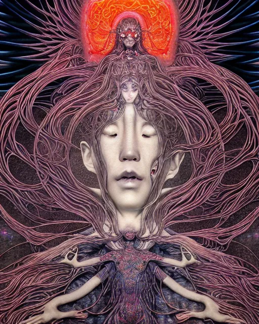 Image similar to realistic detailed image of the human spirit breaking away from the body, conjuring psychedelic background, part by takato yamamoto, part by alex gray, ross tran, james jean, ultra realistic, octane render, highly detailed, 8 k, trending on artstation, cosmic, symmetry, masterpiece