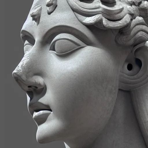 Image similar to close up of an ancient greek statue of a female goddess, highly detailed, hd, photorealism, brutalism, broken, rendered in cinema 4 d