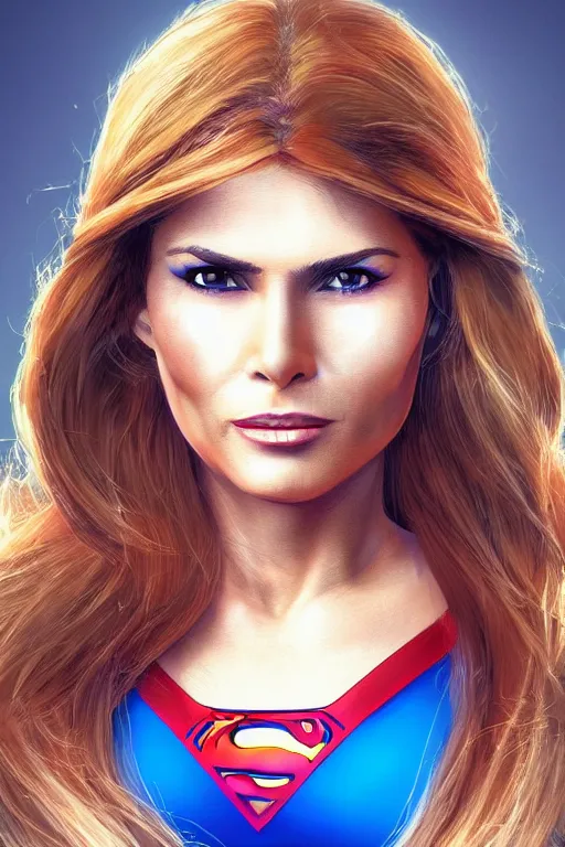 Prompt: portrait of a mix of young maria shriver, mariel hemmingway, melania trump and elle macpherson as superwoman, thin lips, hair tied up in a pony tail, colorful artstation, cgsociety