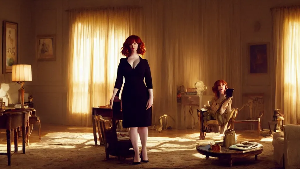 Image similar to Christina Hendricks in the living room, film still from the movie directed by Denis Villeneuve with art direction by Salvador Dalí, wide lens