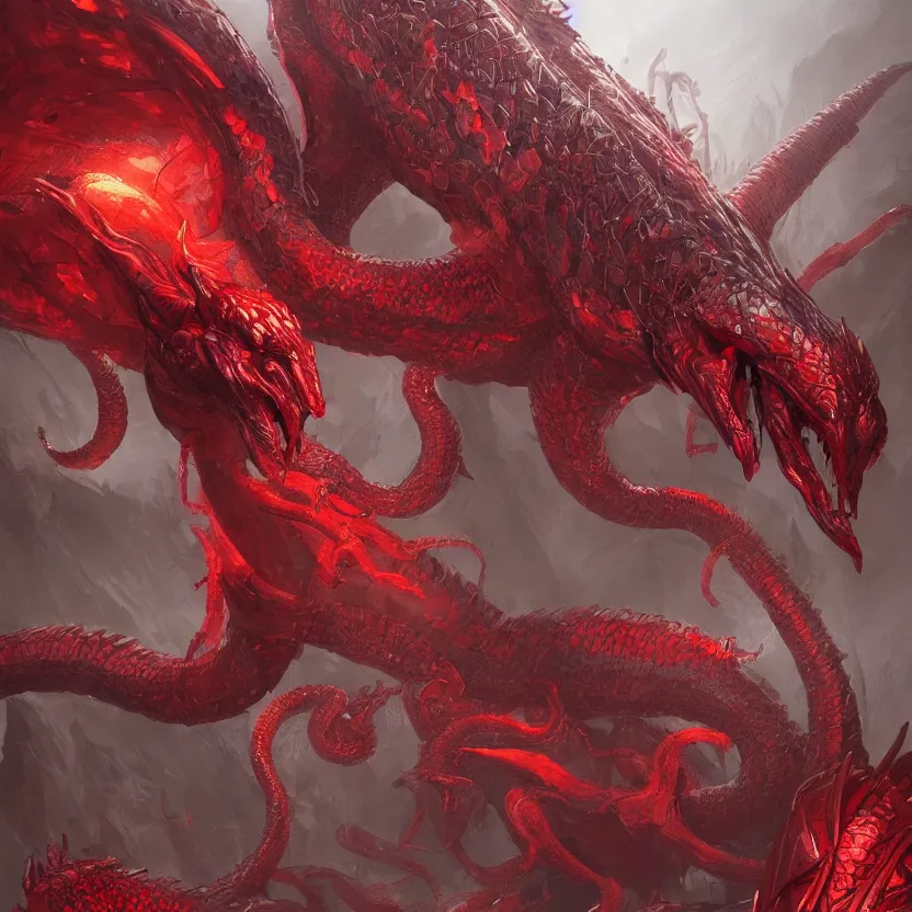 Prompt: an evil red magical serpent rises up over an army, concept art, beautiful design, sharp, fantasy aesthetic, highly detailed, artgerm, trending on artstation, award - winning,