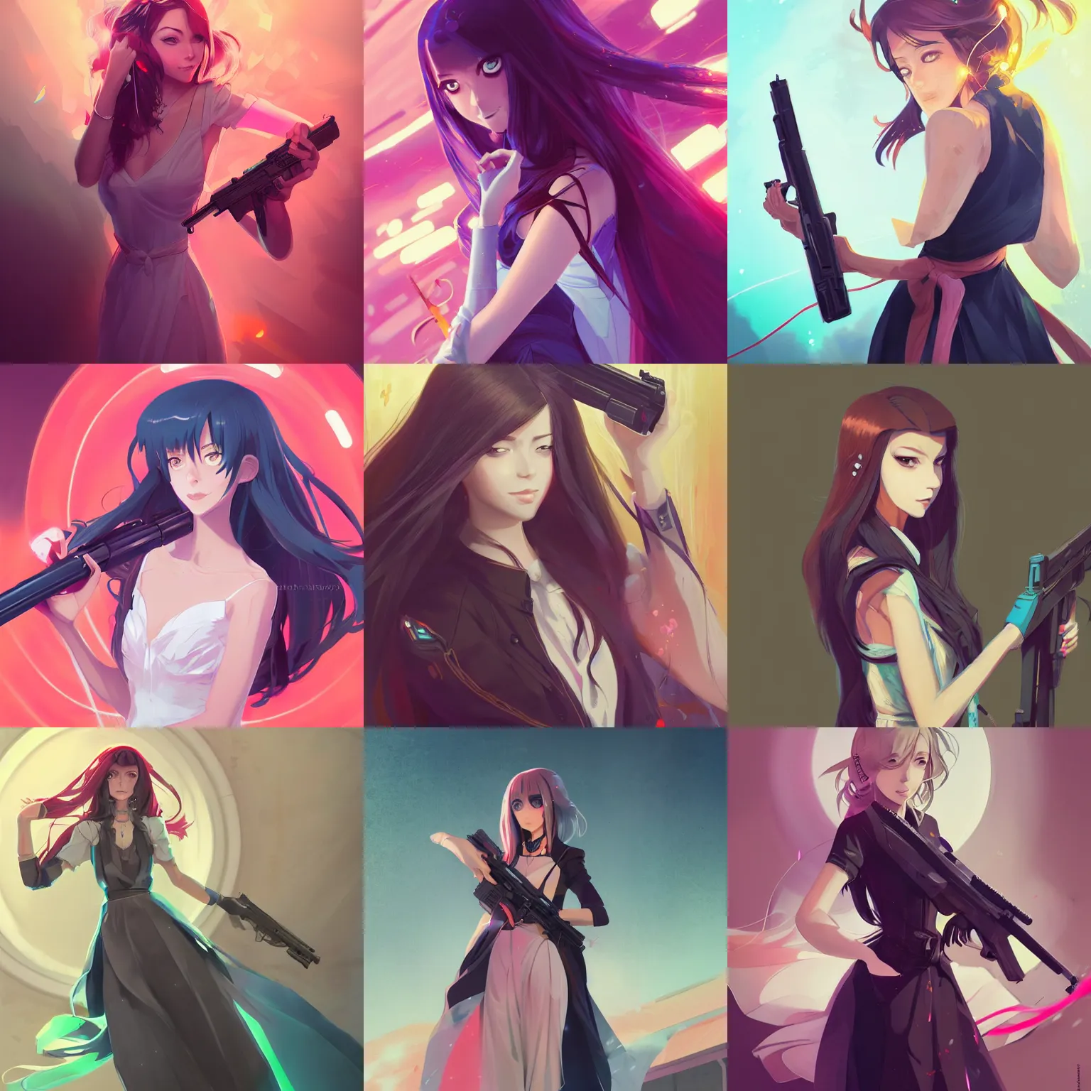 Prompt: portrait of woman in an elegant dress holding a gun, long straight hair, colourful, pretty face, intimidating expression, glowing eyes, anime style by rossdraws, makoto shinkai greg rutkowski, adobe illustrator, behance, trending on pixiv