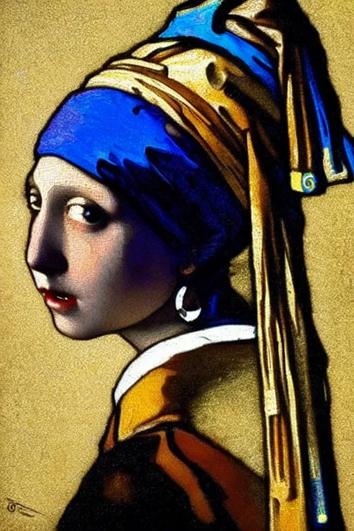 Image similar to Girl with a pearl earring by Mucha,Reference to johannes vermeer.