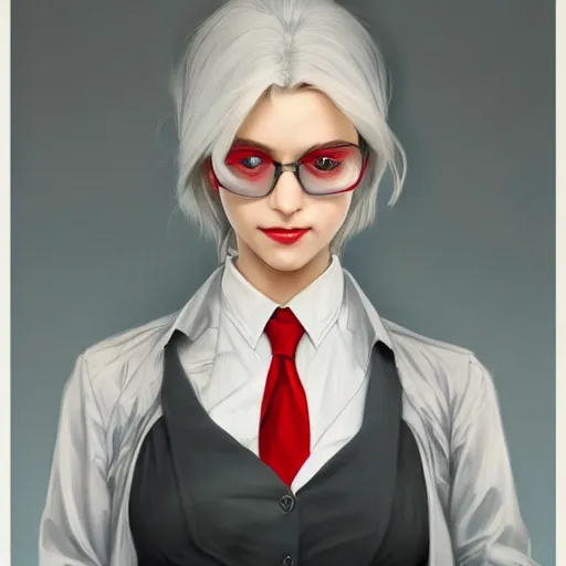 Image similar to a girl wearing a business suit, grey hair, red necktie, cinematic, twintails, stunning, highly detailed, digital painting, artstation, smooth, hard focus, full body shot, illustration, art by artgerm and greg rutkowski and alphonse mucha