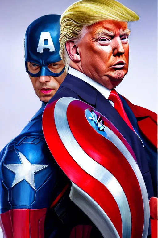 Image similar to hyperrealistic full body concept art of Donald Trump as Captain America, oil on canvas, in the style of J.C. Leyendecker, Ross Tran and WLOP, 4k, smooth, sharp focus, extremelydetailed