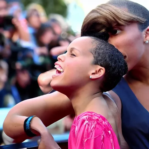 Prompt: alicia keys kisses a boy