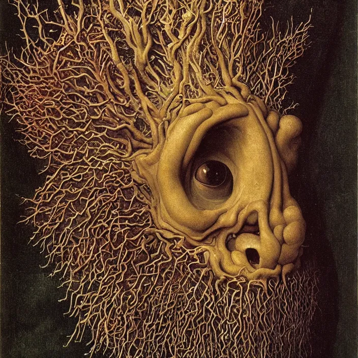 Prompt: close up portrait of a mutant monster creature with iris flower eyes, large thorny tongue, fractal long ears, cloak. jan van eyck, audubon