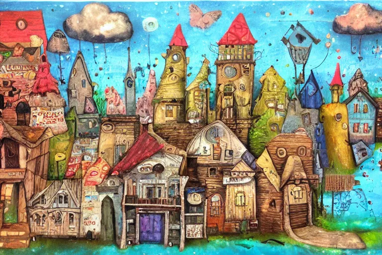 Image similar to a small fantasy town, mixed media on canvas, 2 d, whimsical,