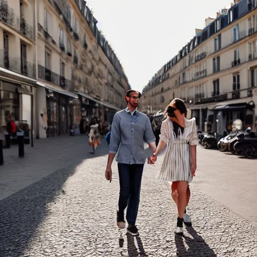 Image similar to fashionable couple walking down a street in paris, warm summer day