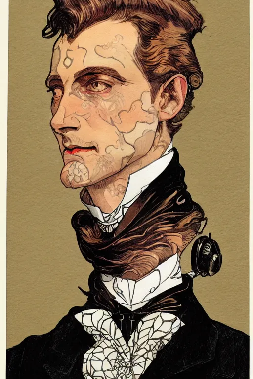 Prompt: zoomed out portrait of a duke, victorian era, art deco style, stylized illustration by moebius and jean - baptiste monge, watercolor gouache detailed paintings in style of syd mead, metabaron, mucha, daumier, caricature, diesel punk, artstation