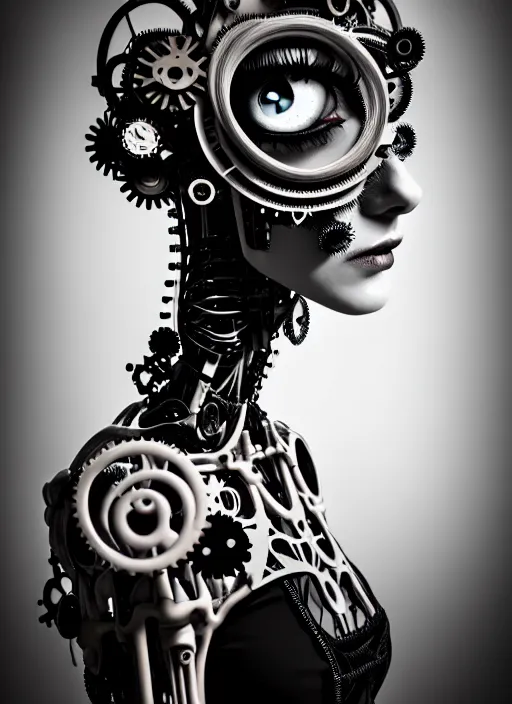 Prompt: black and white dreamy foggy gothic masterpiece profile face portrait, one steampunk eye biomechanical beautiful young female cyborg - robot, body ribs meshes, big monocular, volumetric light, hibiscus flowers, by hg giger, rim light, by dora maar, big gothic fashion pearl embroidered collar, 8 k