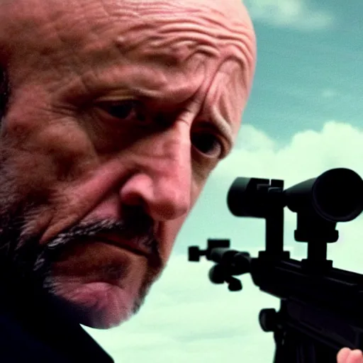 Image similar to Film still of Mike Ehrmantraut aiming with a !!!!!sniper rifle!!!!!, 4k, !!!!highly detailed!!!!