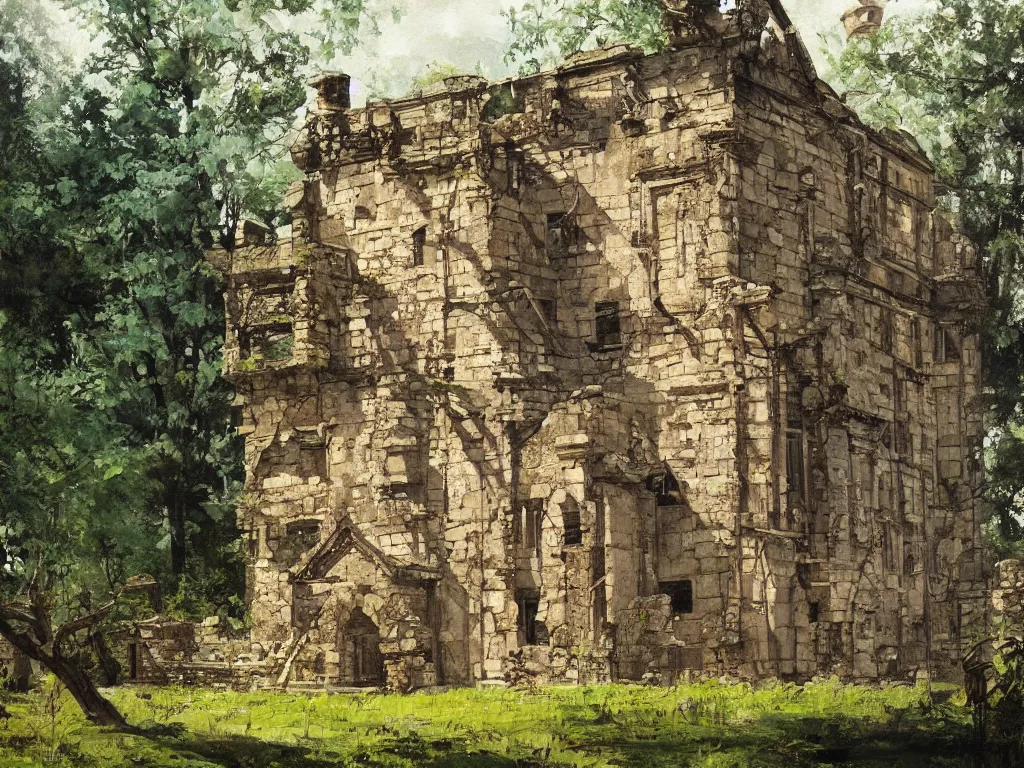 Image similar to A beautiful painting of a dilapidated ancient castle building in the wood, by Coby Whitmore, Trending on artstation, very detailed