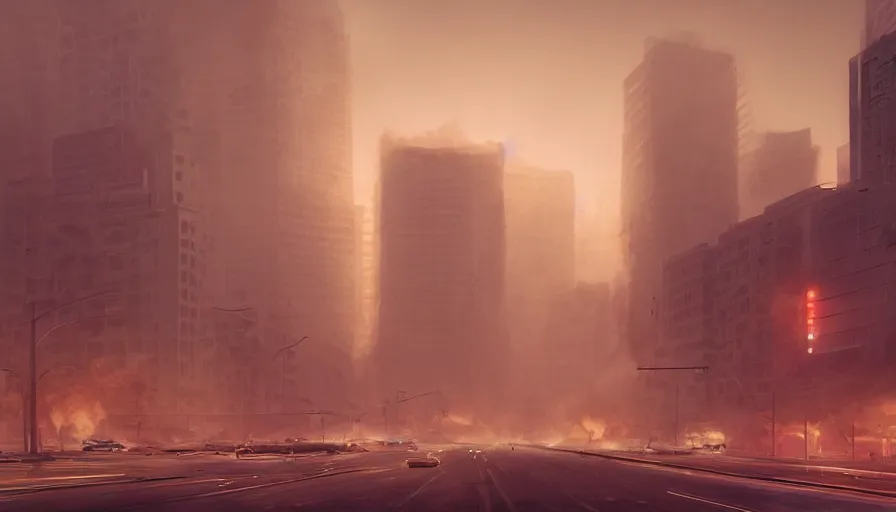 Prompt: Los Angeles under tons of sand during a huge sandstorm with people fleeing and cars on fire, ashes and smoke columns, hyperdetailed, artstation, cgsociety, 8k