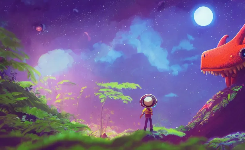 Image similar to a still of a cute adorable tiny astronaut, on a planet of lush colorful foliage, with an enormous kaiju dragon in the background, magical forest, sharp focus, neon backlit, highly detailed, disney pixar studio ghibli makoto shinkai, digital painting, matte, octane render, global illumination, iridescent, anime, 8 k concept art