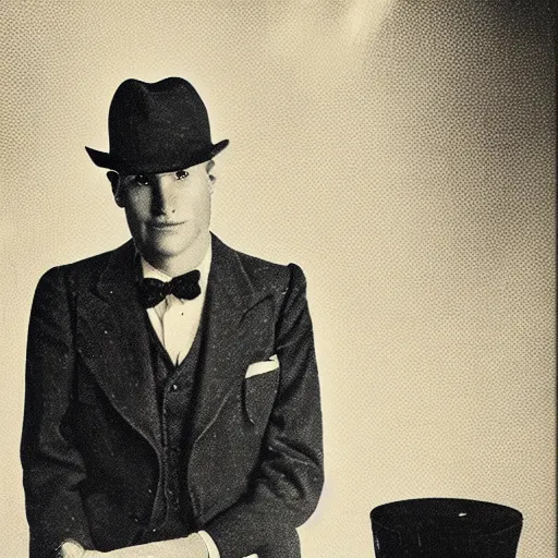 Image similar to A photograph portrait of Jerma985 wearing a suit with and fedora in the 1940s, taken in the early 1940s, grainy, taken on a 940s Kodak Camera, realistic, hyperrealistic, very realistic, highly detailed, very detailed, extremely detailed, detailed, digital art, trending on artstation