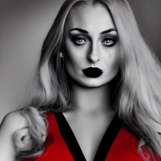 Prompt: photography detailed face sophie turner as jessica rabbit in her red dress, femme fetal, darkroom, dramatic high contrast lighting like sin city, ultra - realistic, intricate detail, 8 k