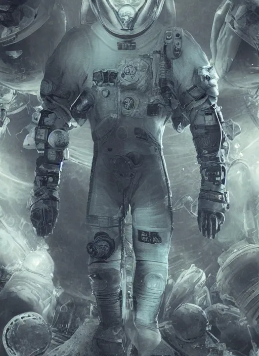 Image similar to astronauts in dark and empty void underwater - complex and hyperdetailed technical suit. reflection and dispersion materials. rays and dispersion of light. volumetric light. 5 0 mm, f / 3 2. noise film photo. flash photography. ultra realistic, wide angle. poster by wayne barlowe, hajime sorayama aaron horkey, craig mullins