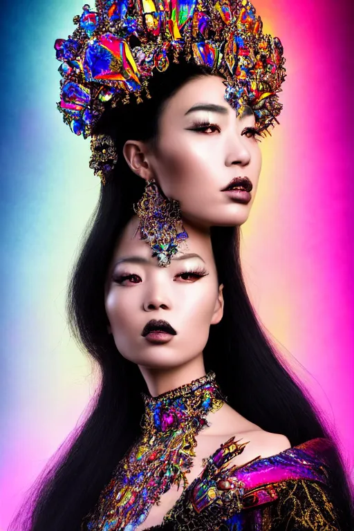 Image similar to a singular beautiful empress dramatic portrait, black hair, with a brilliant, impossible striking shiny big multi colored crystal headpiece, symmetrical, reflective surface, rainbow crystal clothes, rococo, baroque, jewels, asian, realistic, dramatic studio lighting, closeup, D&D, fantasy, intricate, elegant, highly detailed, digital painting, artstation, octane render, 8k, concept art, matte, sharp focus, illustration, art by Artgerm and Greg Rutkowski and Alphonse Mucha