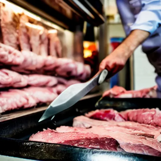 Prompt: low angle view closeup of a butcher preparing meats