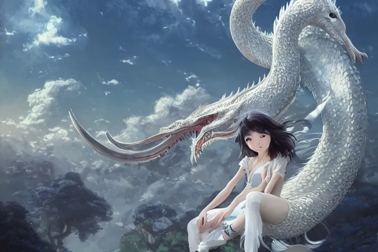 Image similar to the beautiful hyper detailed big scene render that a beautiful girl sitting on the back of a huge silver white dragon alone in fairyland surrounded by white clouds, finely detailed angelic face delicate features, style of studio ghibli, makoto shinkai, artgerm, karol bak, kazuki tanahashi, james jean, ross tran, xision, ultra wide angle