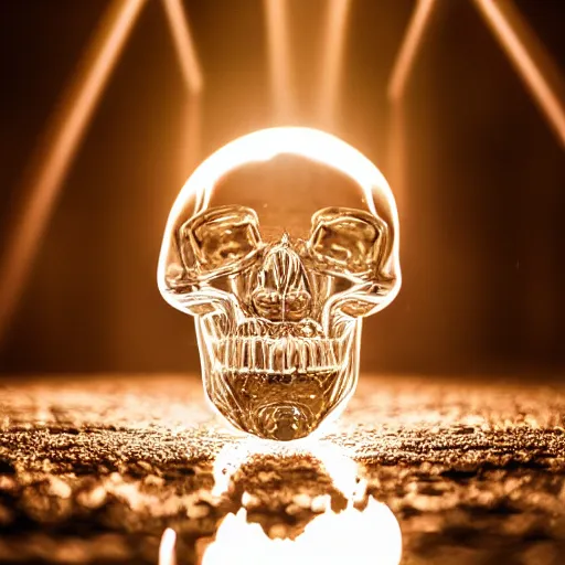 Prompt: high quality photo of crystal transparent skull god rays hitting it,highly reflective, photography 4k, f1.8 anamorphic, bokeh, 4k, Canon, Nikon