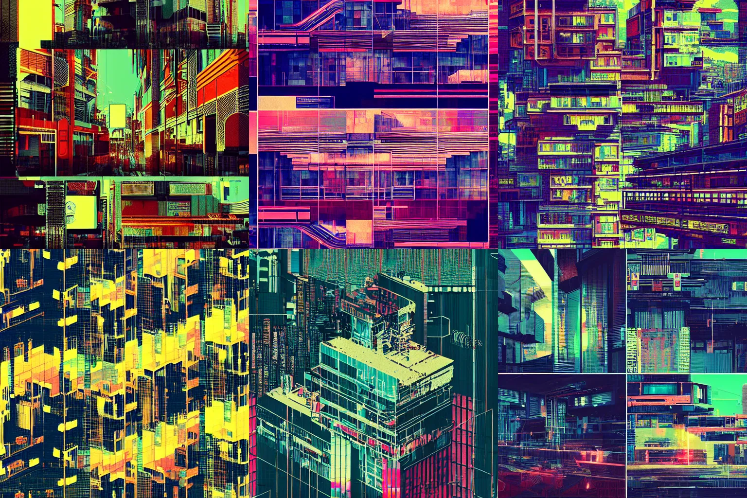 Prompt: architecture collage by atelier olschinsky, cyberpunk, high contrast, oversaturated