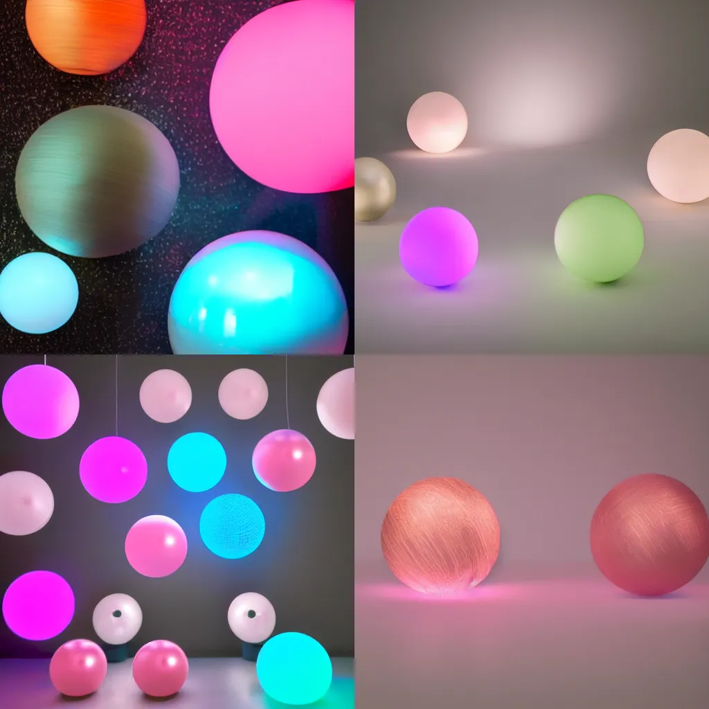 Prompt: ten brushed metal spheres lit by a pink light on the left and a cyan light on the right
