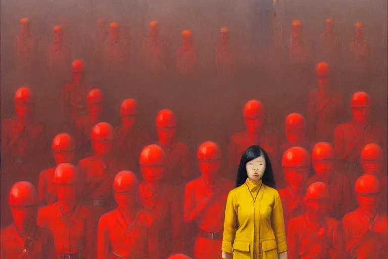 Image similar to top shot of a asian female standing center in the communist city square, crowd surround her, in the style of beksinski, parts by edward hopper, parts by rodcenko, parts by yue minjun, intricate and epic composition, insanely quality, highly detailed, masterpiece, red and yellow light, artstation, 4 k