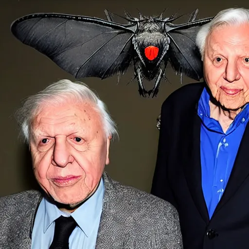 Image similar to Sir David Attenborough next to a small Mothman