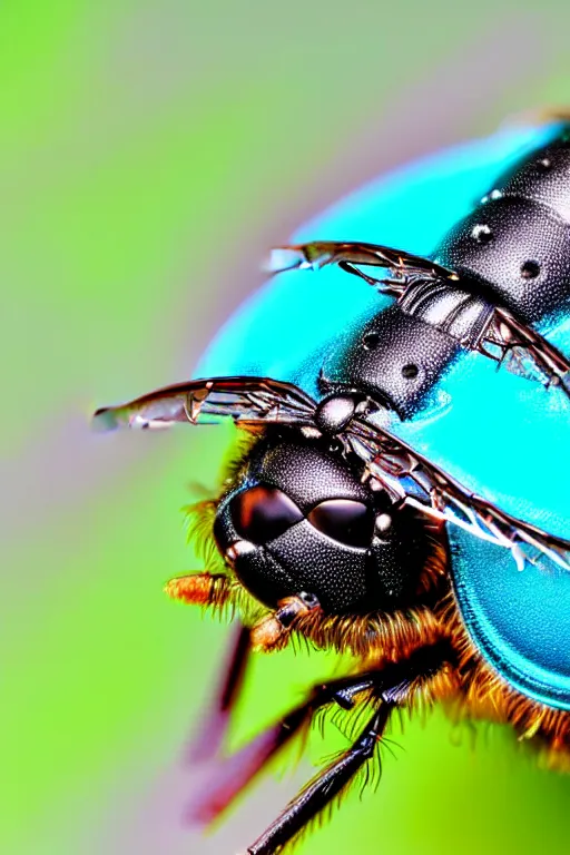 Image similar to high quality macro macro metallic tachinid fly! gorgeous highly detailed hannah yata elson peter cinematic turquoise lighting high quality low angle hd 8k sharp shallow depth of field