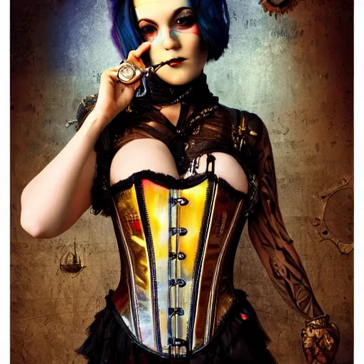 Image similar to photorealistic render of a curiosities carnival, single dollpunk model posing in a full steampunk corset, cyberpunk dyed haircut, looking at camera, symmetry accurate features, focus, rainbow lighting, very intricate details, award winning masterpiece, by tom bagshaw