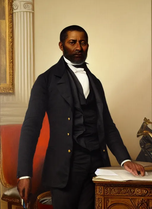 Image similar to portrait of the united states president, 1 8 6 7. a black man from louisiana. standing tall in the oval office. oil on canvas by william sidney mount, trending on artstation