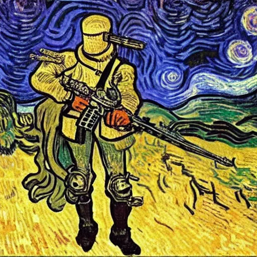 Image similar to a knight, shooting a dragon with an ak-47, by Van Gogh