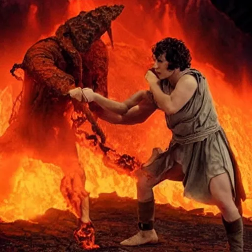 Prompt: frodo baggins wrestles with golumn inside a fiery volcano on the netflix series arcana, very very detailed