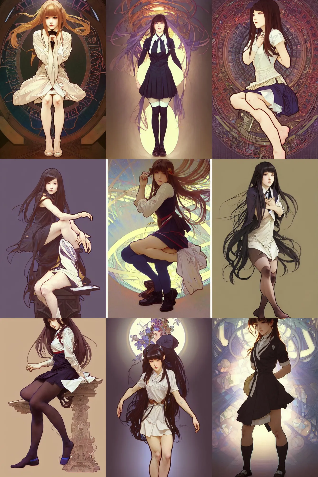 Image similar to a digital concept art by artgerm and greg rutkowski and alphonse mucha. full body!! clear portrait of a squatting attractive japanese school girl in uniform!! sit on floor!! knee length stockings ， school bag, light effect. hyper detailed, character concept, glowing lights!! intricate, elegant, digital painting, artstation, smooth, sharp focus