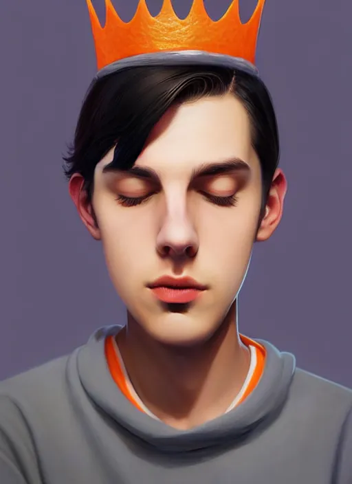 Image similar to portrait of teenage jughead jones wearing a light grey crown, crown, hamburger background, eyes closed, crown, black hair, orange, intricate, elegant, glowing lights, warm lighting, highly detailed, digital painting, artstation, concept art, smooth, sharp focus, illustration, art by wlop, mars ravelo and greg rutkowski