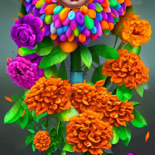 Image similar to a beautiful adorable matte digital painting of a pinata made of orange roses and orange chrysanthemums and purple poppies and green eucalyptus and green leaves, professional lighting, trending on artstation hq, contest winner