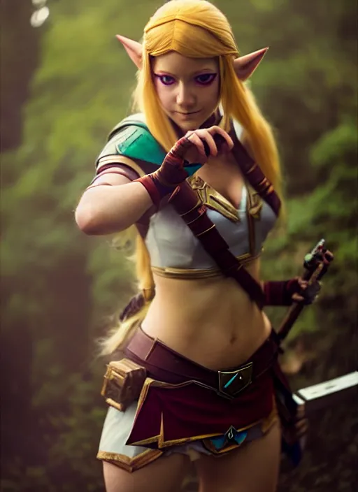 Image similar to female cosplayer wearing zelda cosplay. art by greg rutkowski, art by pascal blanche. crisp quality. digital photography. trending in deviantart.