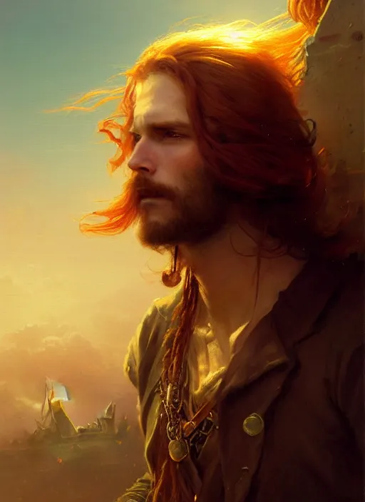 Image similar to portrait painting of a handsome rugged long hair crimson hair male pirate, soft hair steampunk ornate zeppelin in the sky sunset golden hour art by greg rutkowski gaston bussiere fantasy soft hair trending on artstation deviantart book cover art concept art key art dramatic volumetric lighting, 4 k, award winning