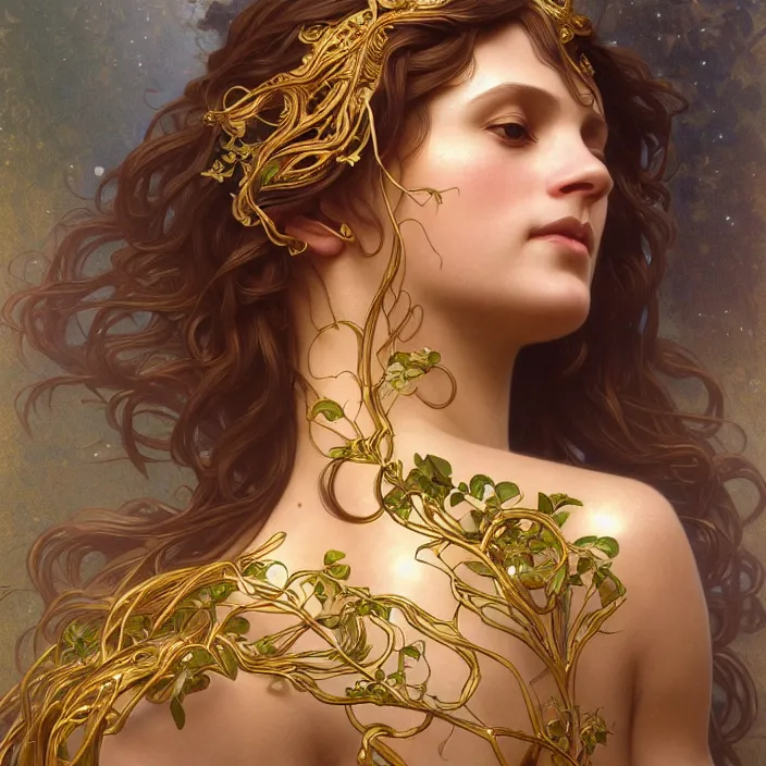 Image similar to portrait of gaea goddess with thin gold tendrils, intricate, elegant, highly detailed, digital painting, artstation, concept art, smooth, sharp focus, illustration, art by artgerm and greg rutkowski and alphonse mucha and william - adolphe bouguereau