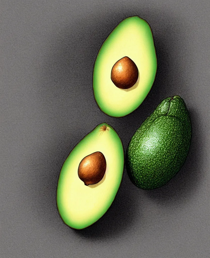 Prompt: illustrated sketch of one ripe avocado. detailed, extreme close up.
