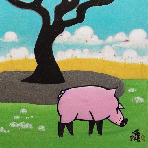 Image similar to pig on a hill next to a tree, style from aoshima chiho