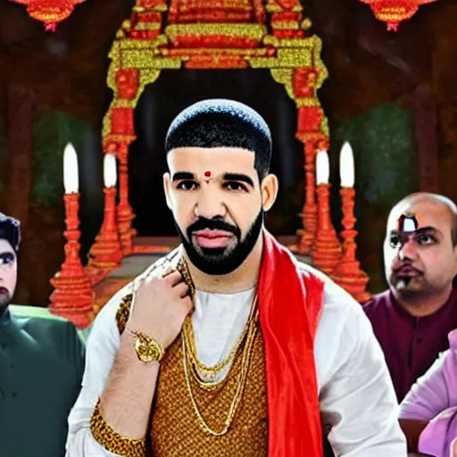 Prompt: drake the rapper wearing a kurta, in a hindu kovil, extremely realistic, drake's face, photograph