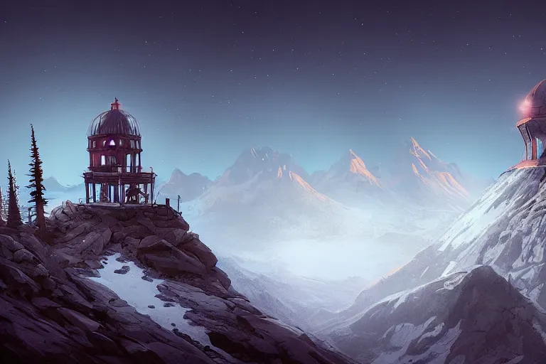 Prompt: A gothic observatory on the peak of a mountain in the Yukon, digital art, artstationhq, by Jordan Grimmer and Victor Mosquera