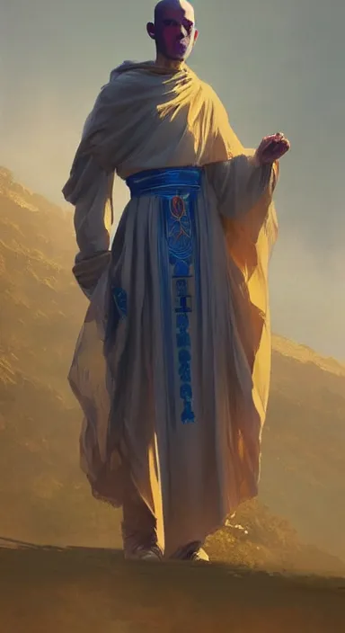 Prompt: full length portrait of a catholic robot machine monk with piercing blue eyes, on stage, dramatic light, gorgeous view, depth, high detail, digital art, painted by greg rutkowski and vogue, trending on artstation