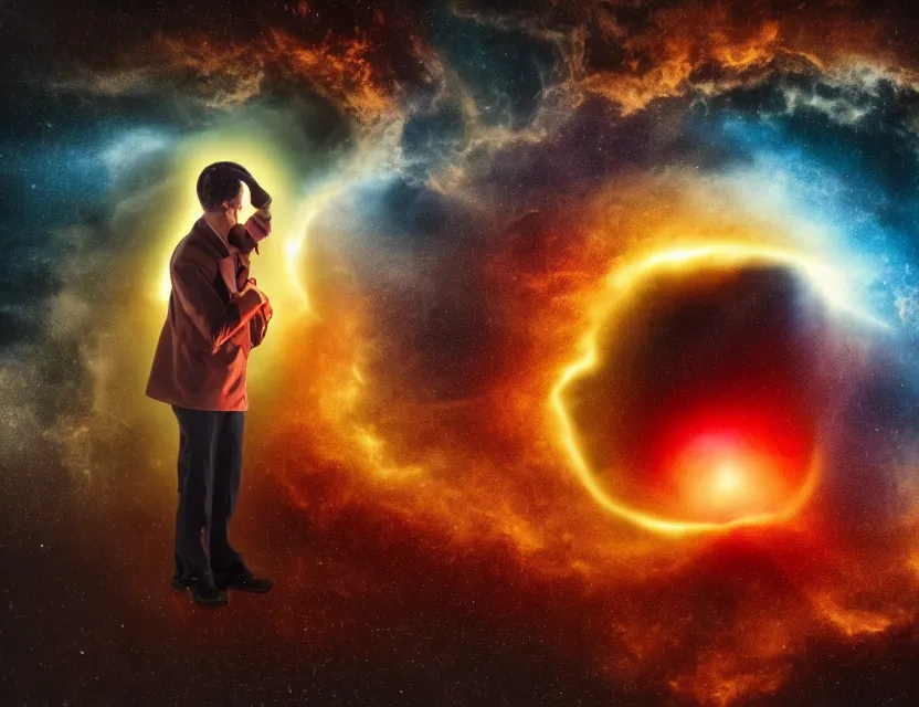 Image similar to a high resolution color photo of a sad man being strangled by the collapse of the universe while in a black hole on a vintage computer screen, burning building, storm, fire, earthquake, debris